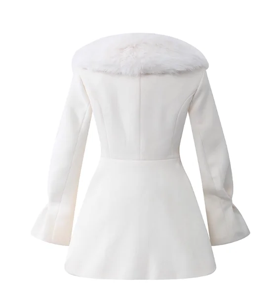 

Осень-зима, новое шерстяное пальто с меховым воротником на талии, милая однотонная двубортная куртка средней длины с длинными рукавами для девочек