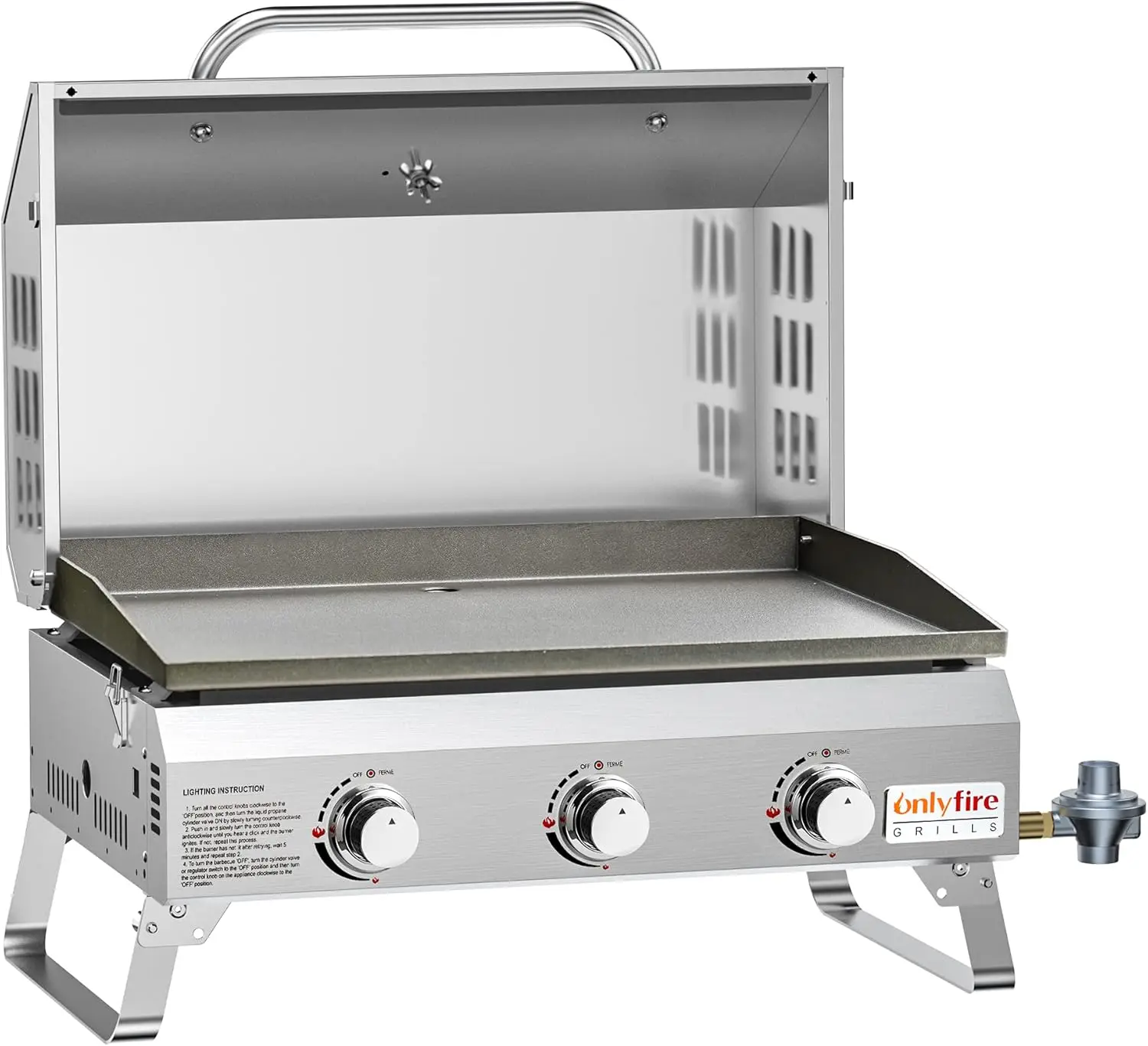 Flat Top Gas Griddle with Foldable Legs, 3-Burner Stainless Steel Propane Gas Grill Griddle, 24” Portable Tabletop Grid