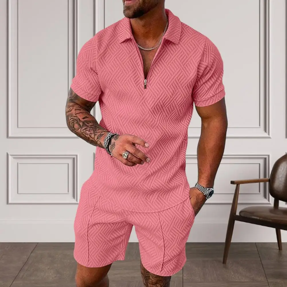 Conjunto casual de design de lapela com zíper masculino, camisa com decote com zíper lapela, cintura elástica, elegante 2 peças para exterior