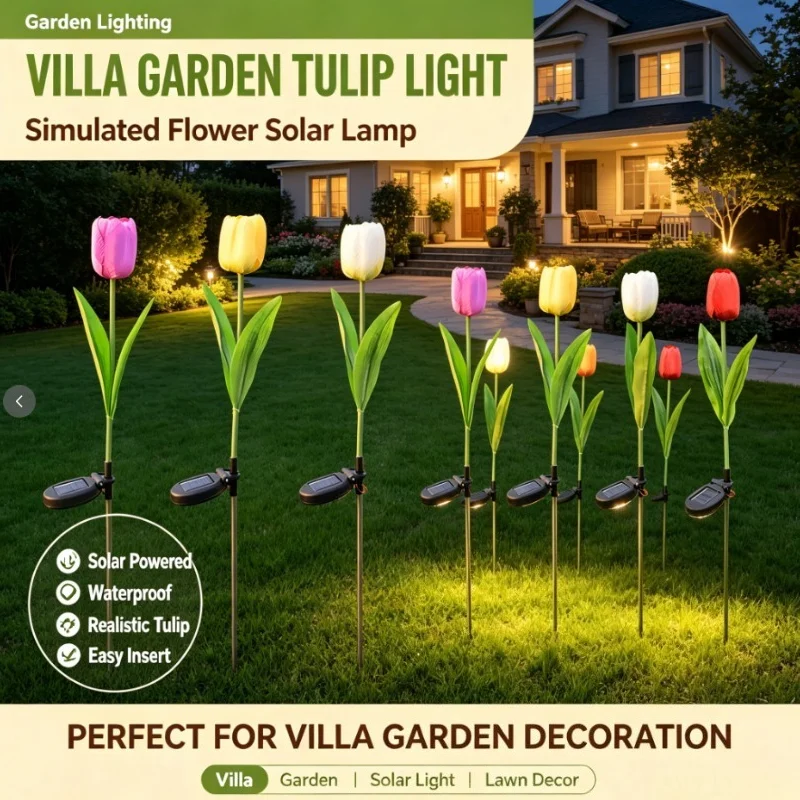 LED Solar Tulip Stakes, Realistic Flower Lawn Lights with Pink, Yellow, White and Red Blooms for Courtyard and Landscape Accents
