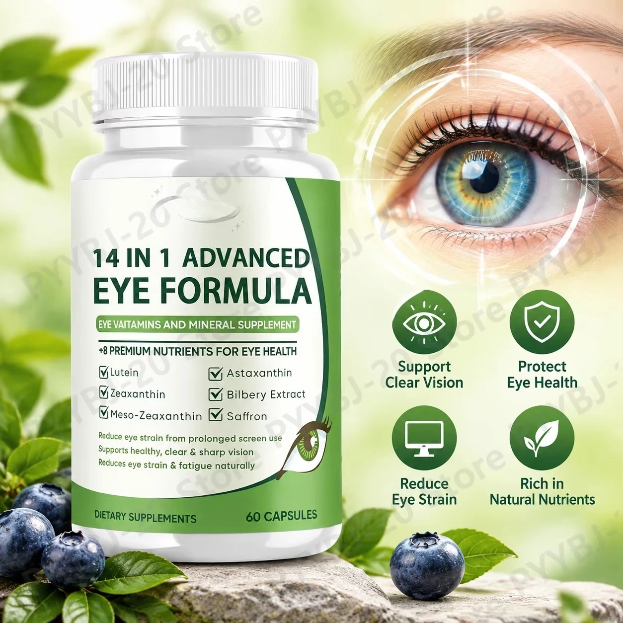 Eye Health Capsules Healthy Eye Function Vision Support Visual Comfort with Lutein Bilberry Saffron 14-in-1 Formula 60ct