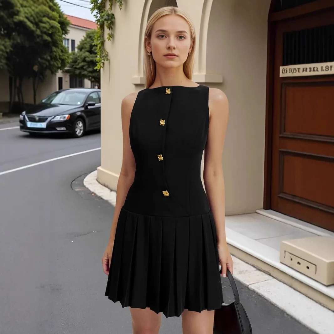 Summer New Products Simple European and American Cross-border Women's Clothing Pleated Waist Solid Color Sleeveless Short Dress