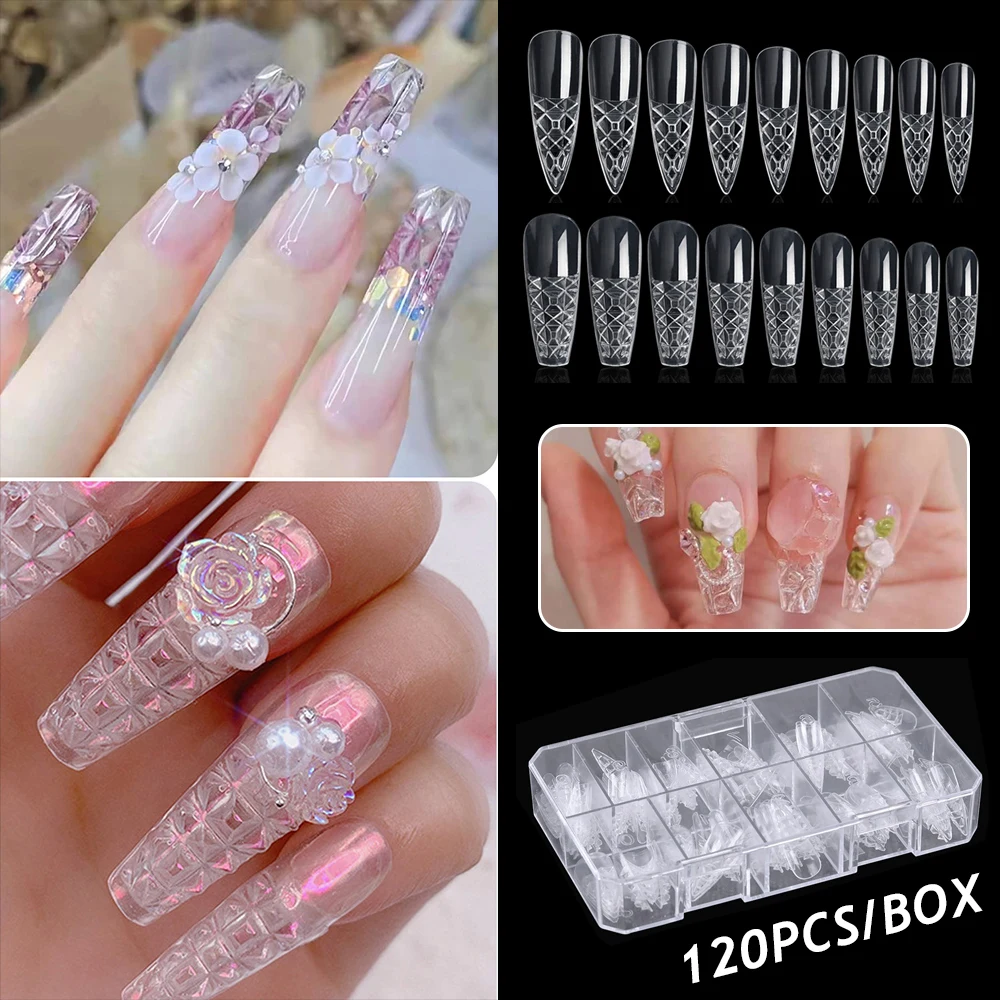 120pcs Acrylic Nail Tips Full Cover Seamless Nail Capsule For Extension 3D Clear Crystal Glazed False Nail Manicure Art Supplies