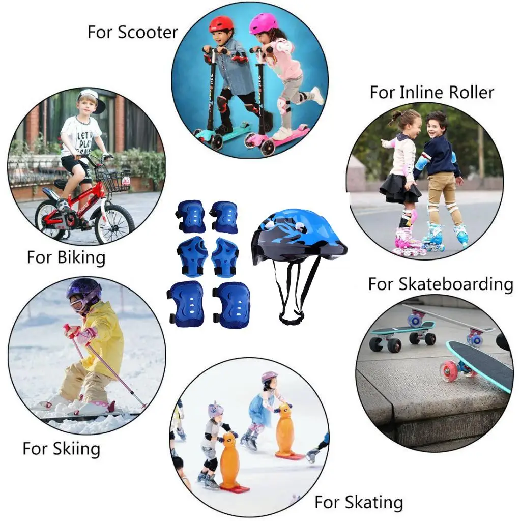 New 7pcs Kids Roller Skating Helmet (58-62cm) Knee & Elbow Pads Wrist Guards Set