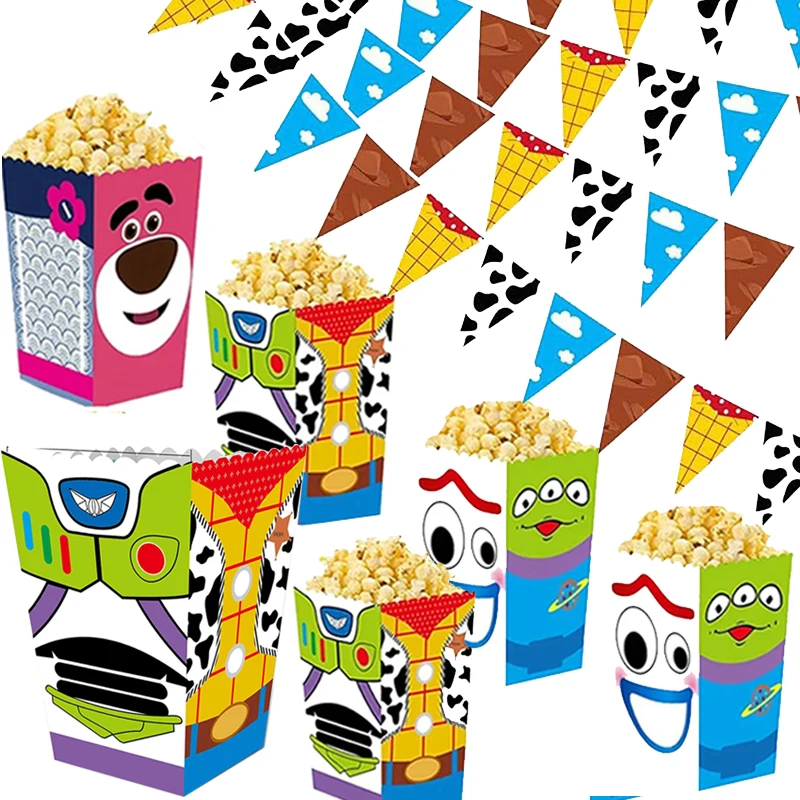 12/24Pcs  Story Birthday Party Decoration Banner Popcorn Boxes Cloud  Cow Print Triangle Pennant Flag Popcorn Boxes Streamer