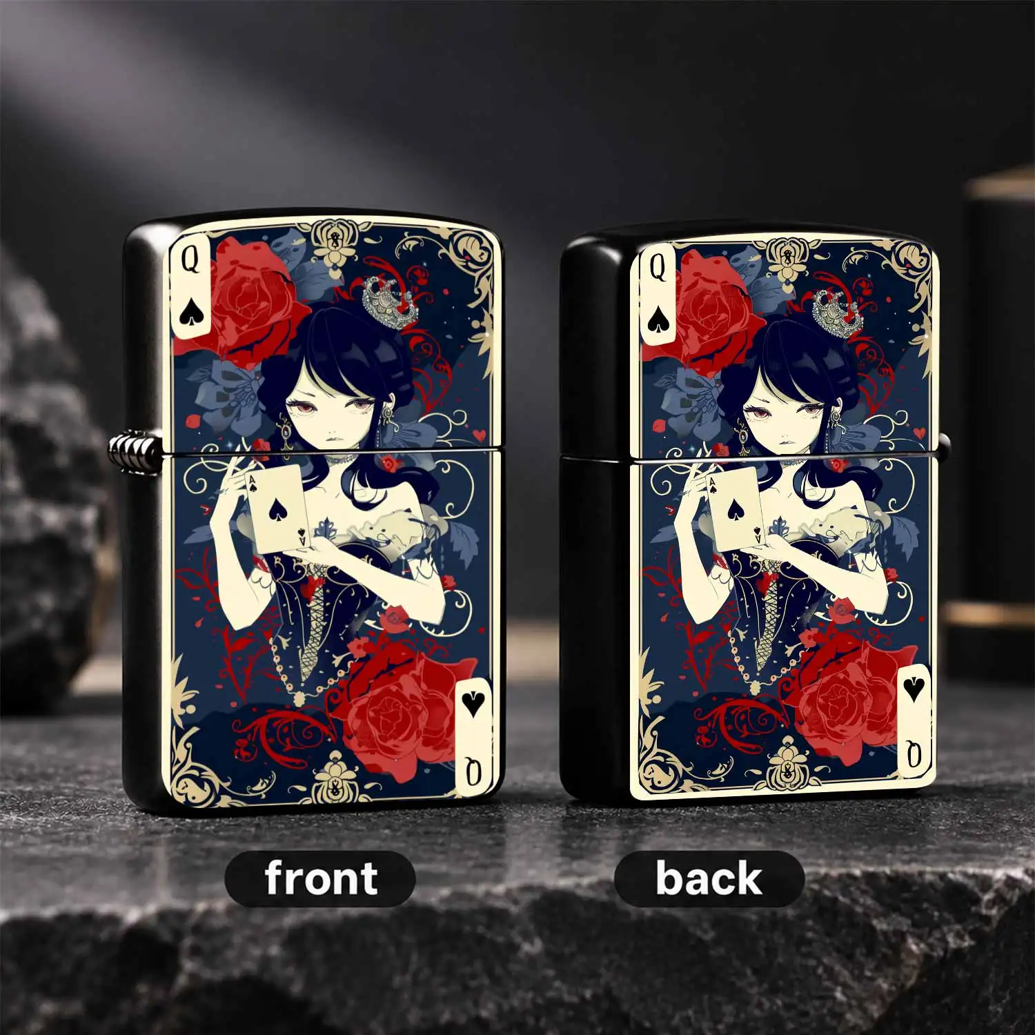 EnglishVintage Spade Themed, Exquisite Art Illustration Style with DIAMOND Inlaid Crown, BLACK Hair Red Eyes Lady Holding Spade A, Decorated with Red Rose and Scroll Patterns, Trendy Collectible Luxury Windproof PORTABLE, Ideal Gift for Men