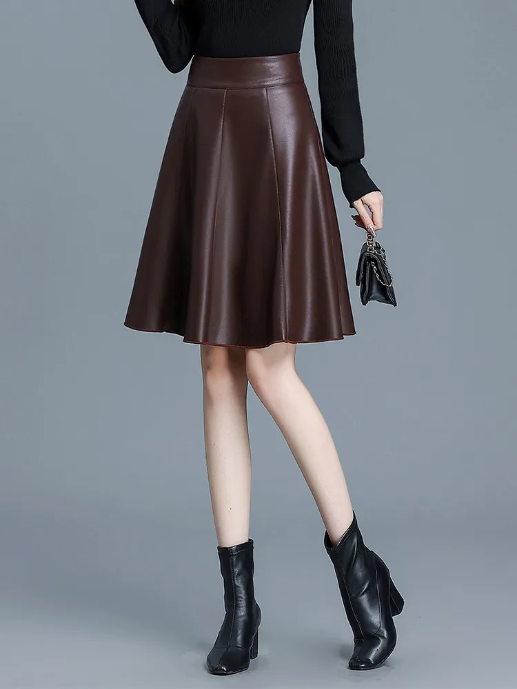 

ZUZK Women Short Pu Leather Skirt Autumn Winter Lady High Waist All-Match Leather Skirt Elegant Office Lady A-line Skirt