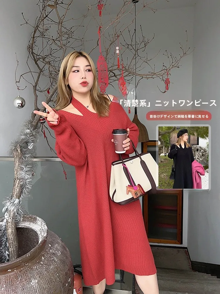 

Vogana Original Sexy Large Size Hollow out Long Thickened Sweater Dress Loose Autumn Winter V Neck Dress Korean Style Commute