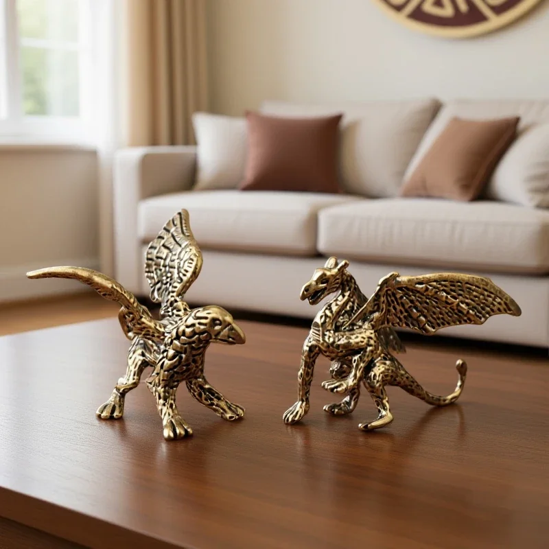 Chinese Mythical Beast Figurines Retro Home Feng Shui Decoration Solid Brass Pterosaur Dragon Small Statue Desktop Ornament