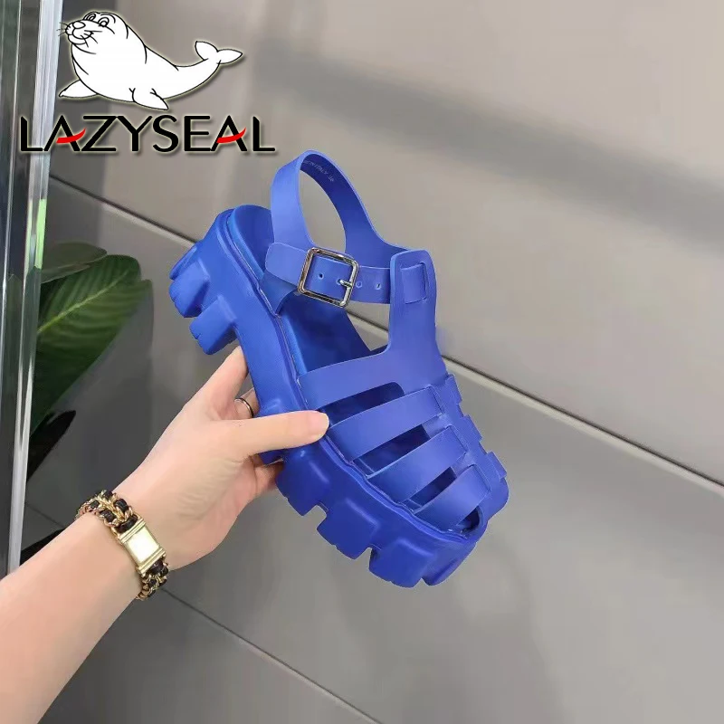 LazySeal Wedge Summer Sandals Hollow Upper Solid Color Buckle Close Women Chunky Heel Sandals Gladiator Woman Shoe Plus Size 42