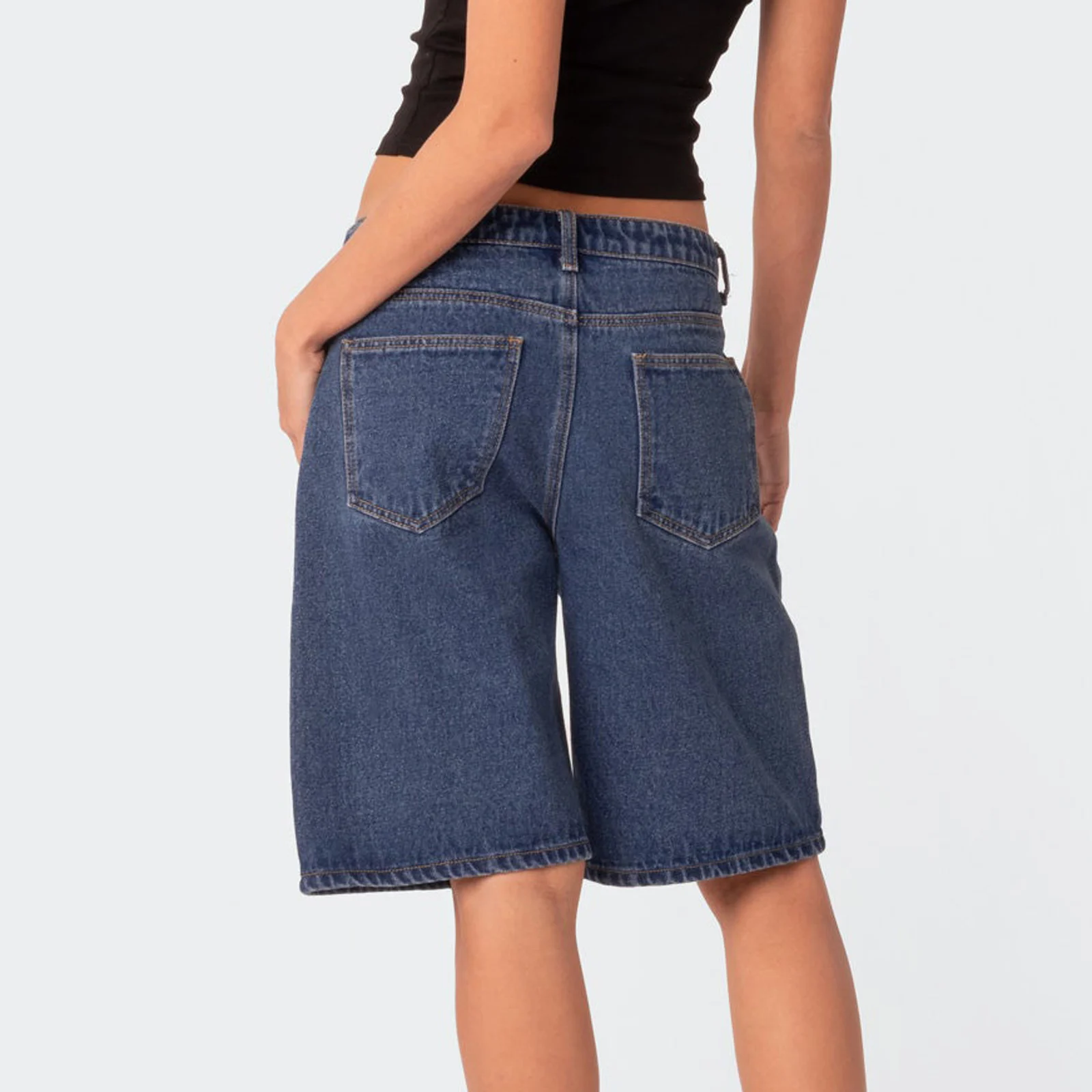 Y2k Women Knee Length Denim Shorts Solid Color High Waist Loose Baggy Rise Wide Leg Jean Shorts Korean Style 90s Mom Jeans