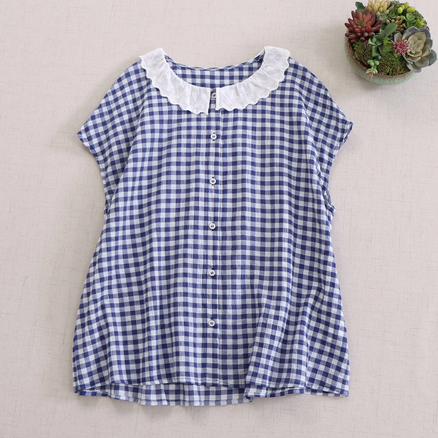 

Japanese Sweet Mori Girl Vintage Plaid Lace Ruffled Collar Cotton Shirts Women Summer Short Sleeve Casual Loose Blouse Tops