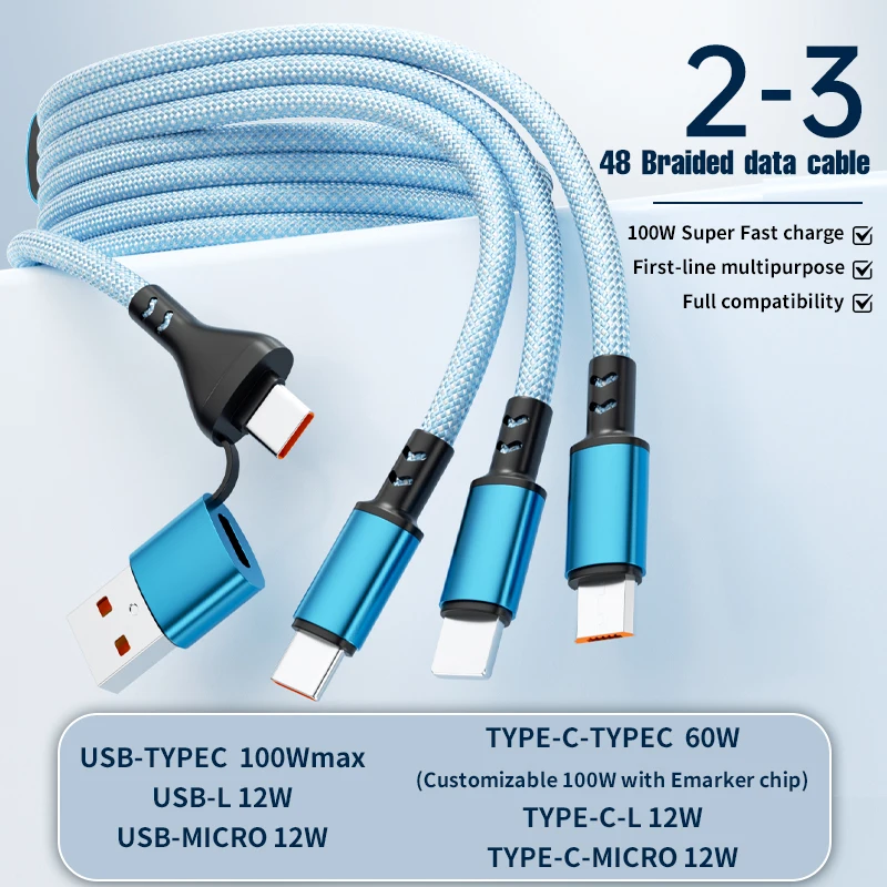 Two Tow Three 100w Braided Fast Charge Data Cable Pd For Mobile Phone Tablet Fully Compatible With Huawei Xiaomi Multi Interface