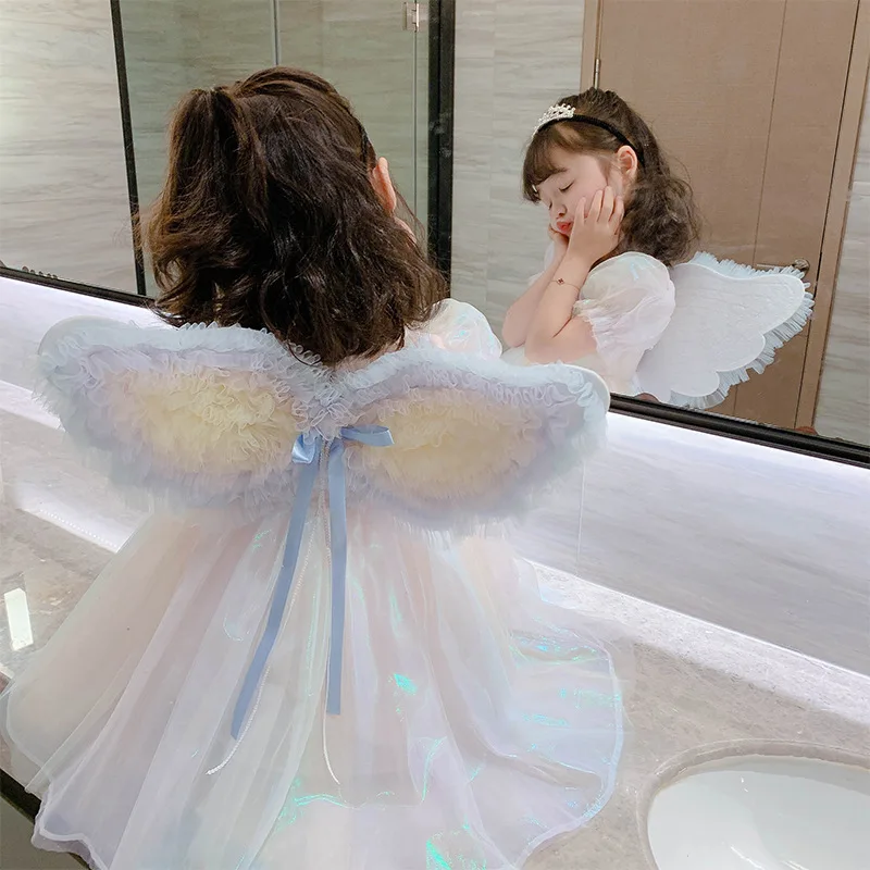 

Summer Children's Skirt Children Princess Dress Rainbow Puff Sleeve Butterfly Wings Colorful Yarn Dress