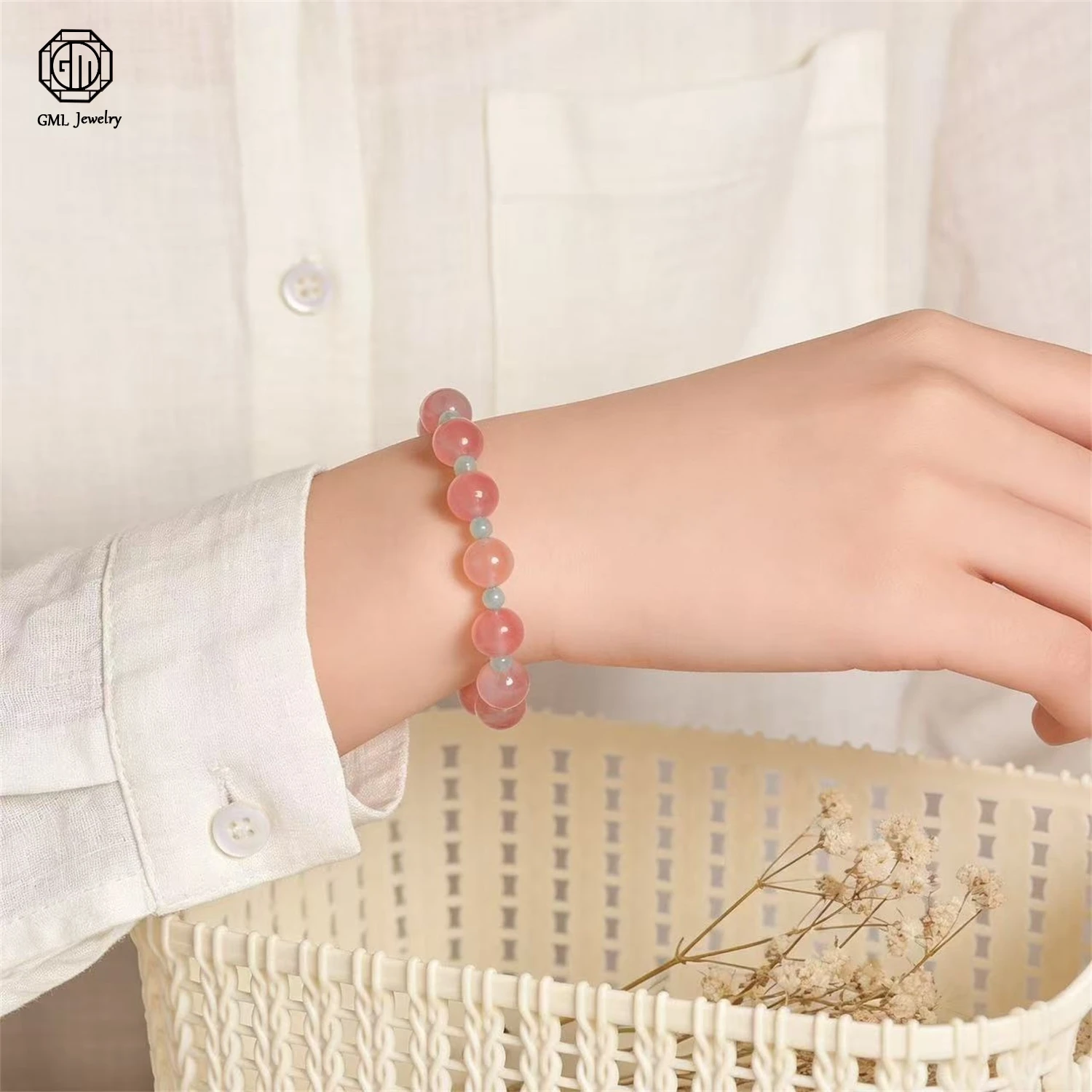 

Natural Floating Flower Nanhong Agate Aventurine Stackable Beaded Bracelet Women Sweet Fresh Exquisite Simplicity Jewelry Gift