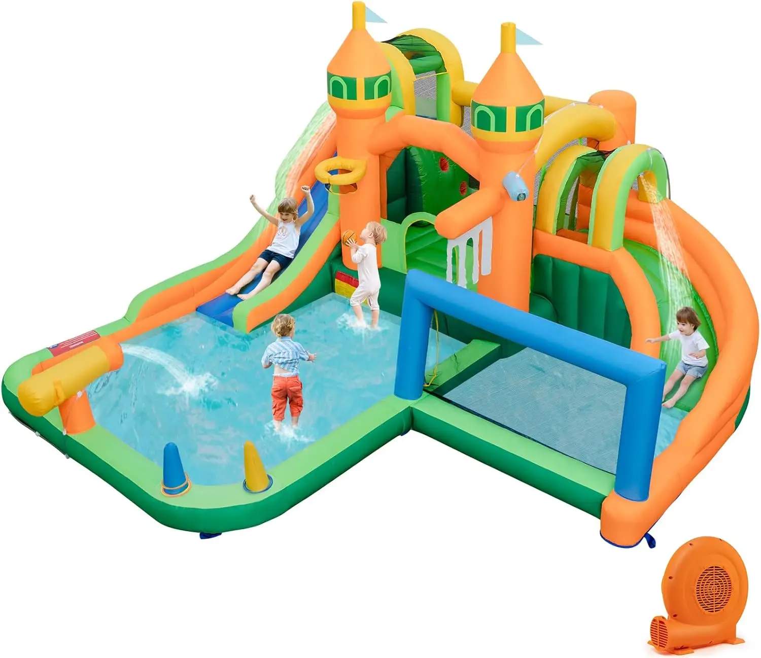 

Inflatable Water Slide, 9 in 1 Waterslide Bounce House Water Park w/Dual Slides, Splash Pool, Climb Wall, Soccer Gate, Water Sli