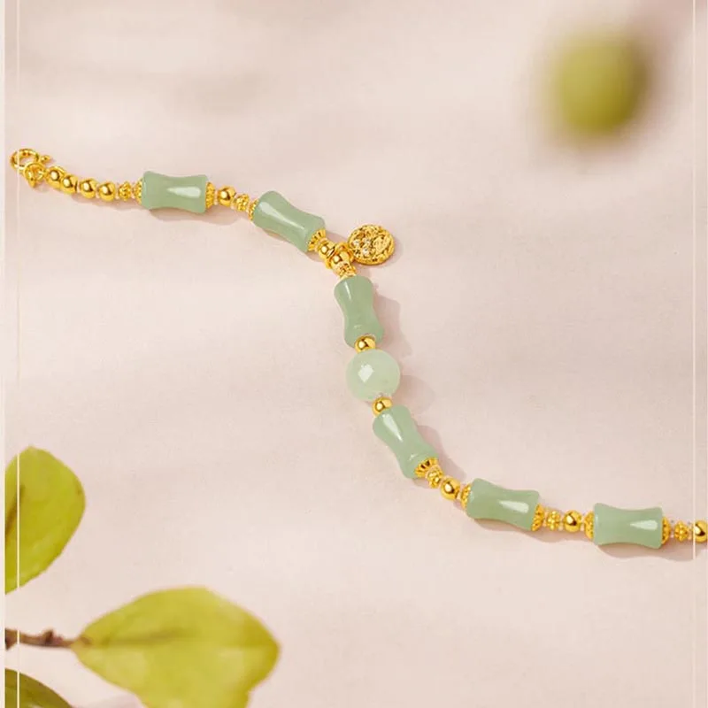 Vintage Jade Bamboo Alloy Leaf Bracelet with Tassel Stretch Charm Lucky Jewelry for Women Girl Luxury HandString