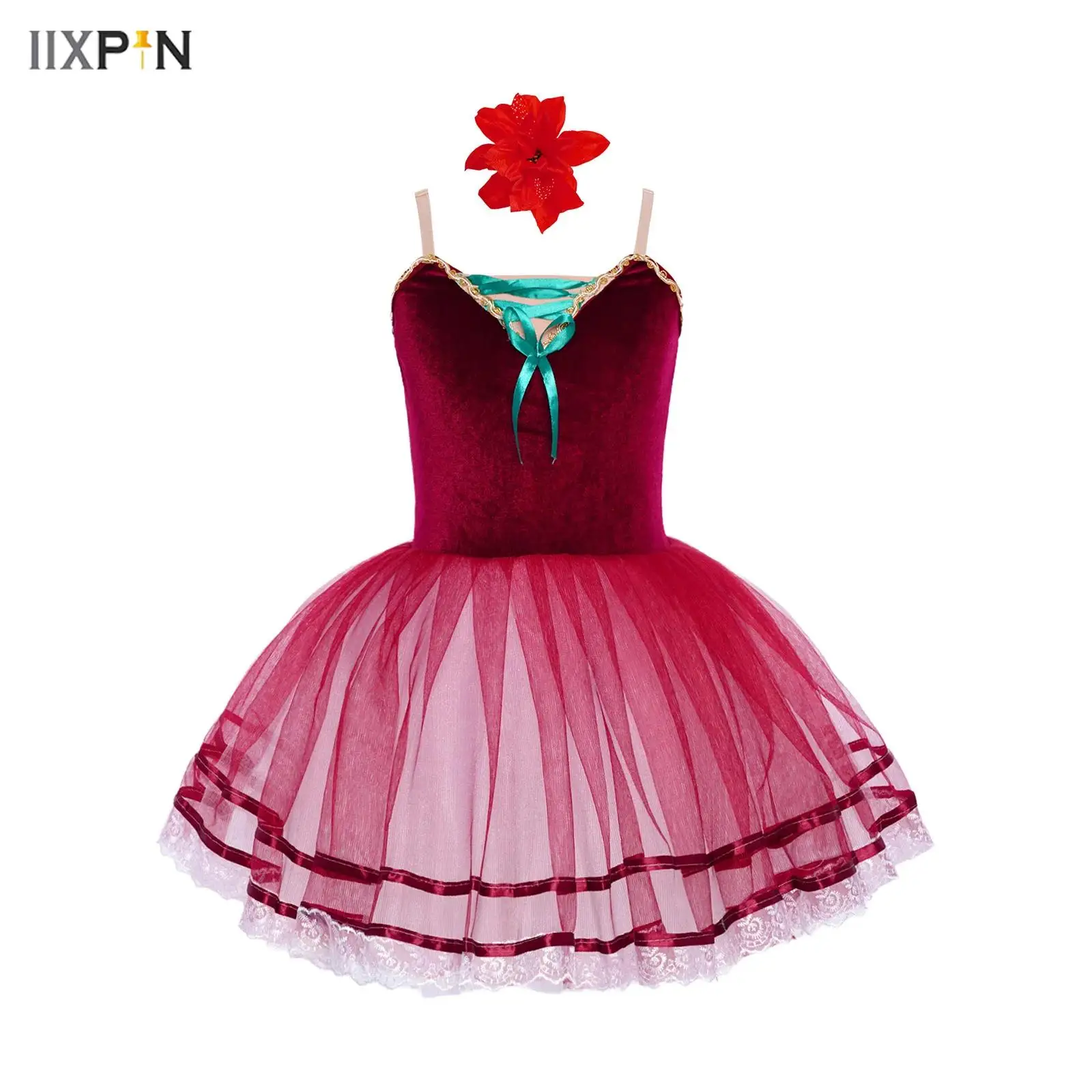 

Kids Girls Ballet Dance Dress Sleeveless Adjustable Straps Lace Trim Layered Tulle Tutu Dresses+Headwear for Performance Costume