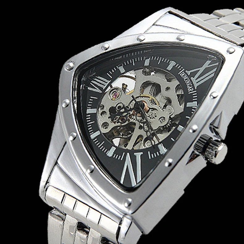 Luxury Automatic Mechanical Watch Black Sliver Triangle Steampunk Men Skeleton Dial Watches Male Clock Hombre Relogio Masculino