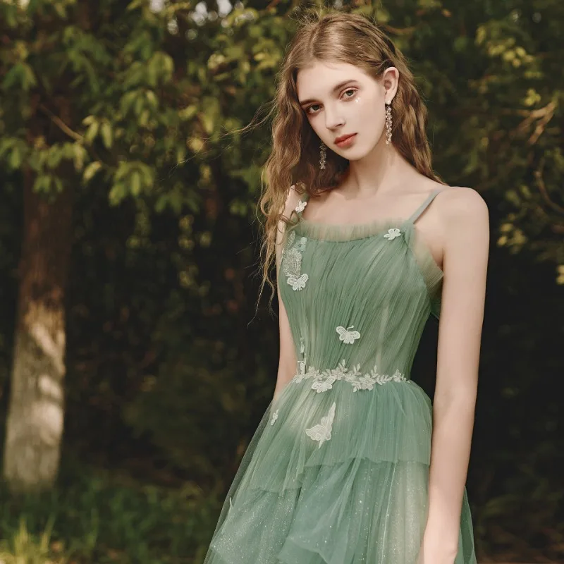 ミントグリーンのエレガントなパーティードレスウエディングドレスAラインメッシュスパゲッティストラップチュールロングVestidoウェディングパーティー卒業宴会ドレス