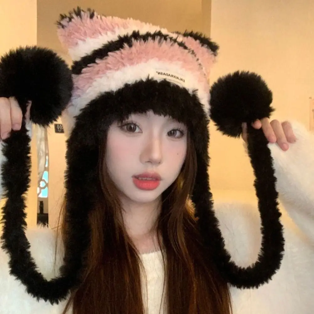 Fashion Cat Ear Women Knitted Hat Contrast Stripe Windproof Winter Beanies Cap Thick Warm Ear Protection Pullover Hat