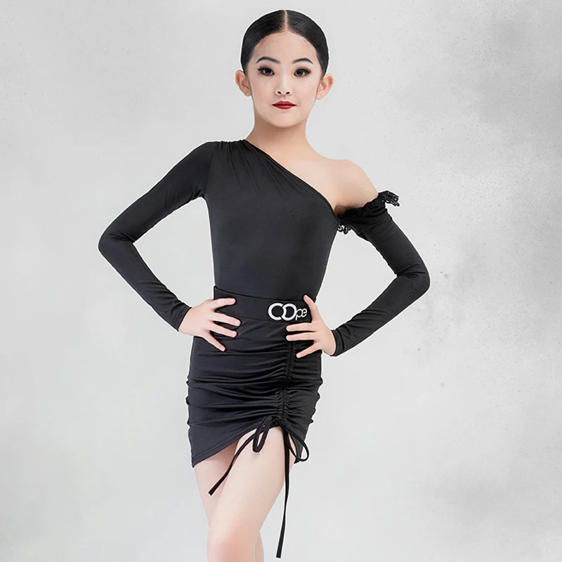 

Kids Latin Dance Clothes Girls Oblique Shoulder Black Tops Drawstring Skirt Practice Clothing Cha Cha Rumba Dance Dress BL11371