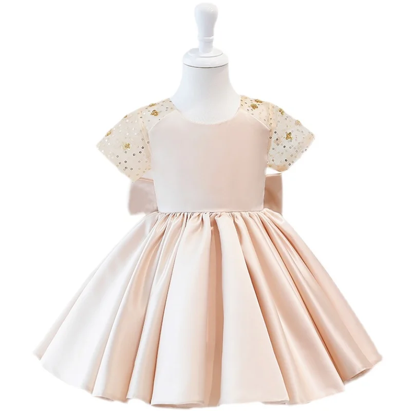 Vestido de flores de satén Simple para niños, vestidos de rendimiento de entrenamiento de manga corta de tul con lazo de lentejuelas, vestido de graduación para niños de 2 a 10 años