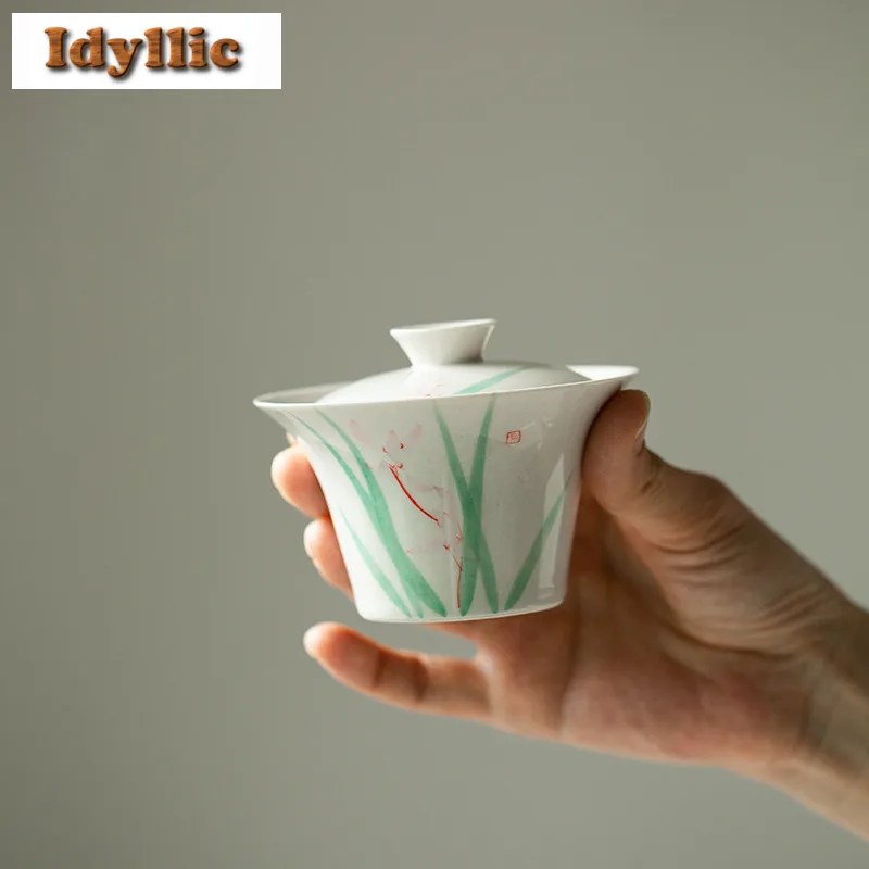 120ml Hand Drawn Orchid Horseshoe Gaiwan Boutique Tea Tureen Tea Bowl With Lid Kit Tea Maker Cover Bowl Tableware Craft Supplies
