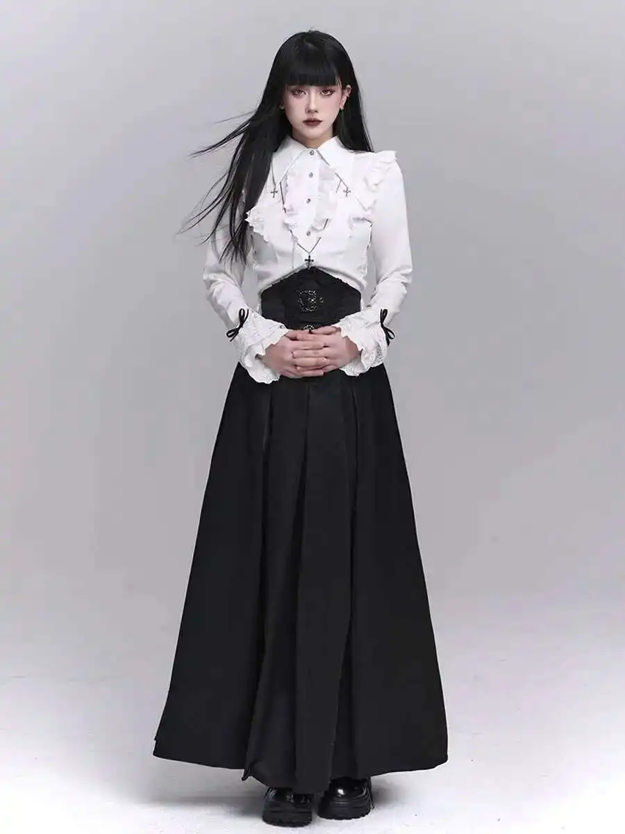 

White Shirts Black Skirts Women´s Casual Long Skirts Solid Color Pleated Elastic Waist Loose Fit Skirts Simple Style Bottoms