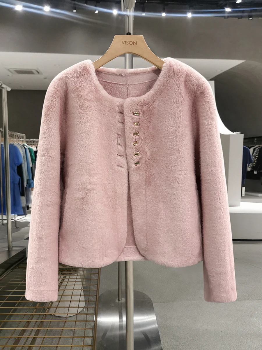 

2025 Winter Thiened ort Fur Jaet Women's Pink Sweet Lazy Mink Fur Inteated Leather And Fur Plu Top Casual Sle