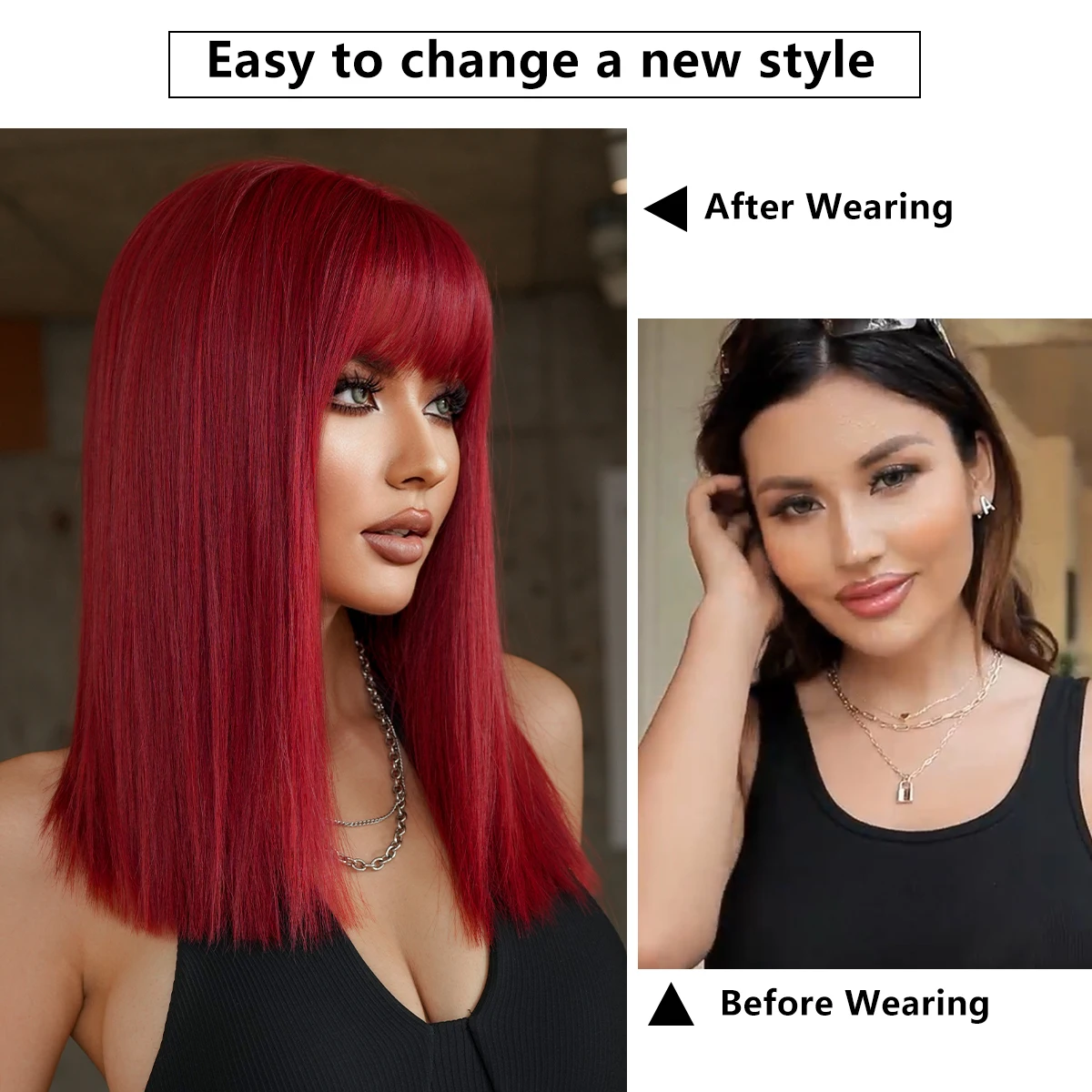 NAMM Shoulder Length Wig Synthetic Straight Red Wigs For Women Daily Party High Density Layered Wigs With Bang