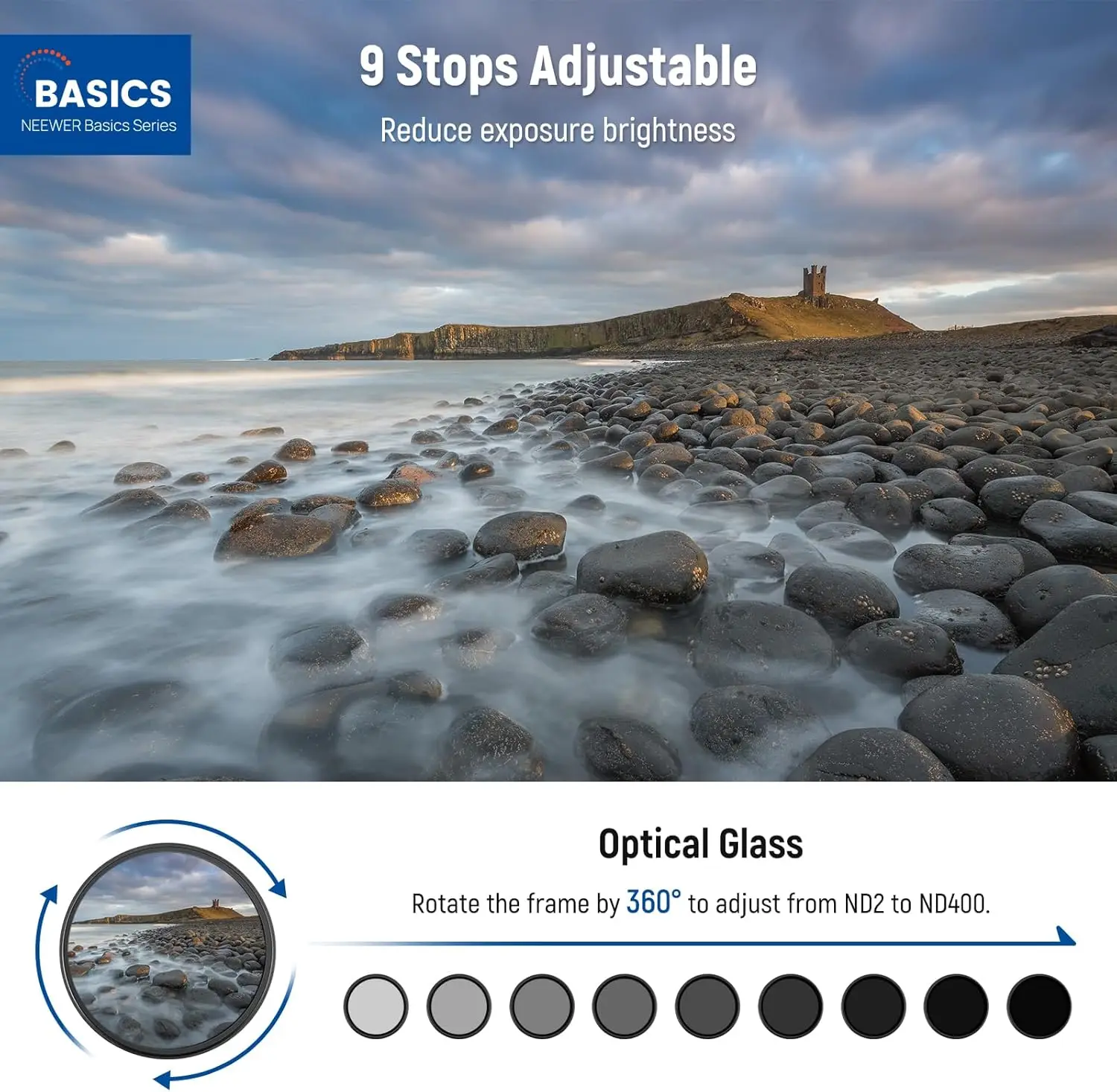 NEEWER Basics 58mm مرشح ND متغير ND2-400 1-9 توقف تخفيض الضوء للتدوير مرشح الكثافة المحايدة المتغيرة