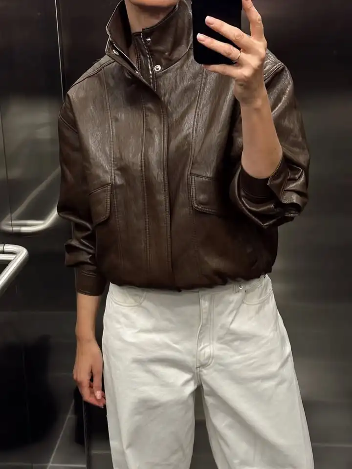 Women Chic Stand Collar Leather Jacket Fashion Lapel V-neck Full Sleeve Button Loose Coat Casual 2026 Lady Daily Commute Outwear