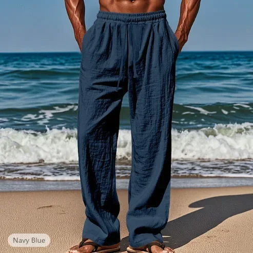Pantaloni estivi da uomo da spiaggia, vestibilità ampia, solidi, casual, traspiranti, con coulisse, lunghezza intera, tasche a vita media dritte, pantaloni impiombati