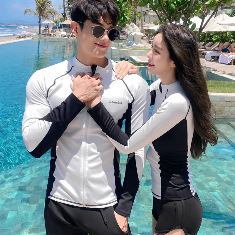 Korean Couple Diving Suit Women Men\'s White Black Surfing Swimsuit Tankini Sets Sun Protection Sports Pants Shorts Swimwear