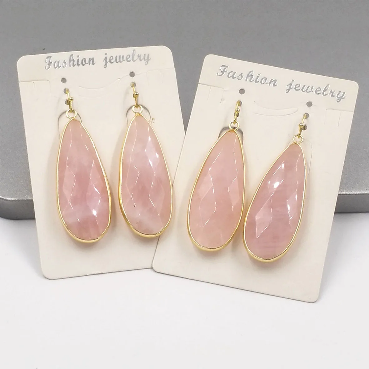 WT-E662 WKT Hot Sale Gold Edged Waterdrop Shape Rose Crystal Earrings Natural Pink Quarzt Lady Elegant Jewelry Accessory