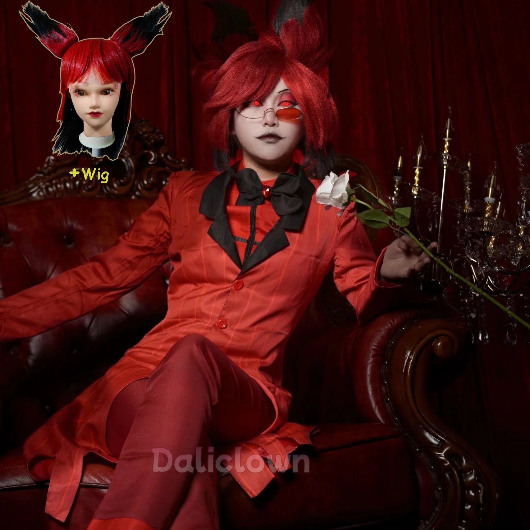 

Hazbin Alastor Hotel Anime Cosplay Costume Red Suit Jacket Wig With Ears for Men Women Christmas Carnival Party Uniform Outfit