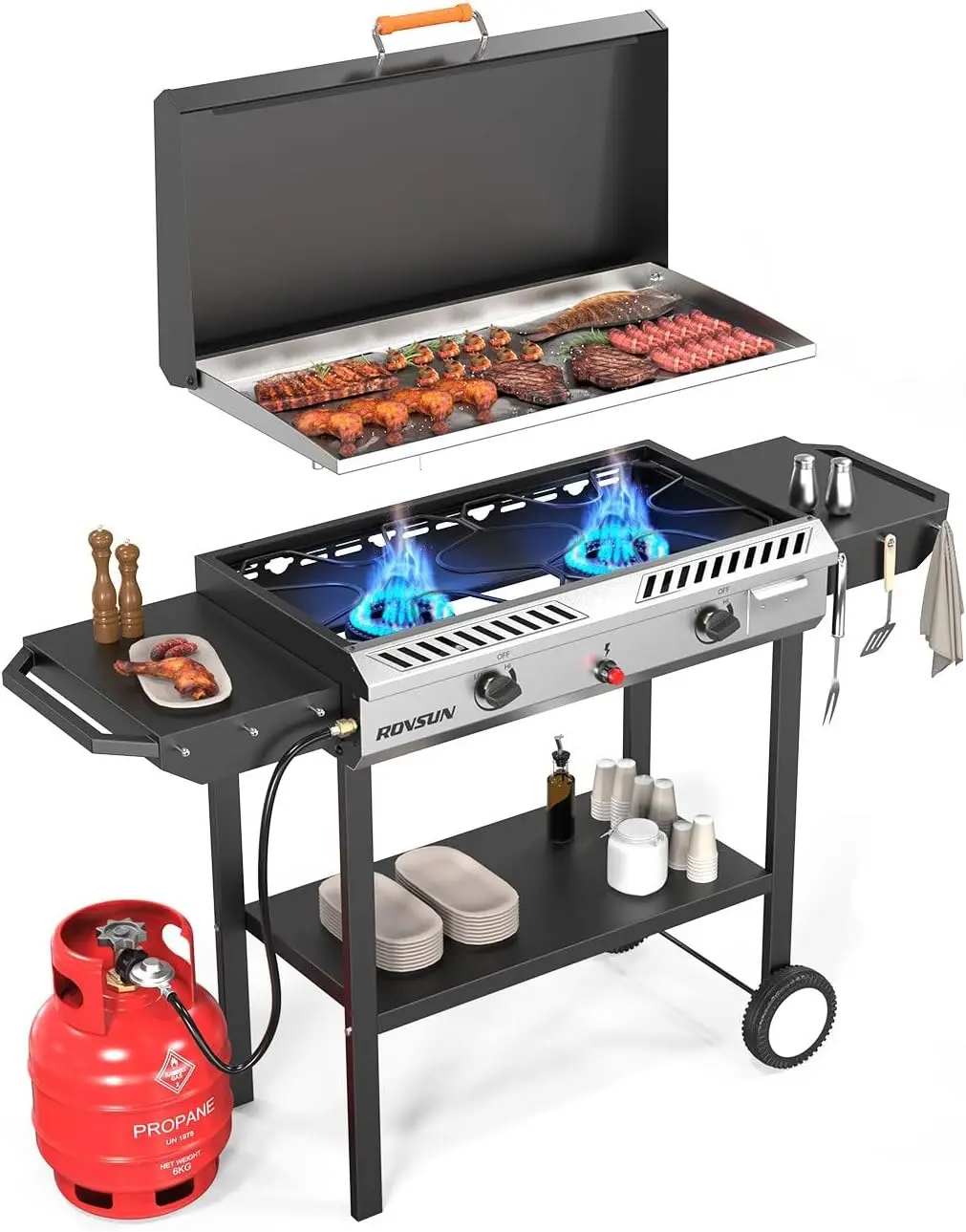 Rovsun 2 Burner Outdoor Propane Gas Stove With Griddle, Auto-Ignition, Regulator & Side Shelves, 150,000 Btu Powerful Stand