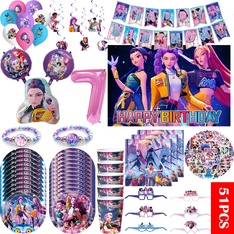 Kpop – décoration d'anniversaire, nouveau Anime chasseurs de démons, ensemble de vaisselle, nappe, ballons, bannière heureuse, fournitures de fête d'arrière-plan pour enfants