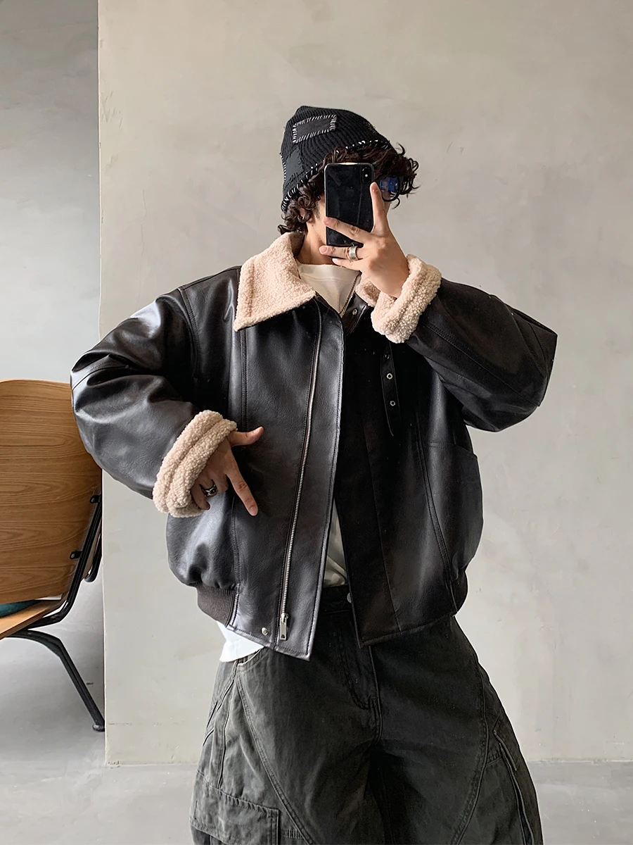 

XHZD Men's Retro American Lamb Fur Biker Jaet Thiened Cotton Coat with Fce Warm Casual Outerwear for Youth