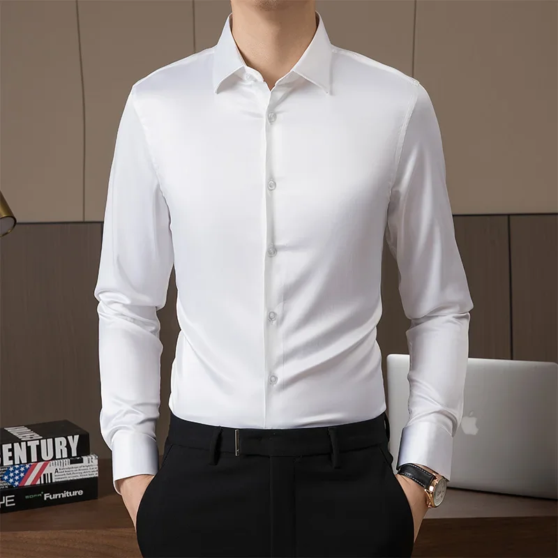 BROWON 2024 New Men\'s Luxury Shirts Wedding Party Long Sleeve Shirt Silk Dress Shirt Men Mercerized Cotton Plus Size 5XL