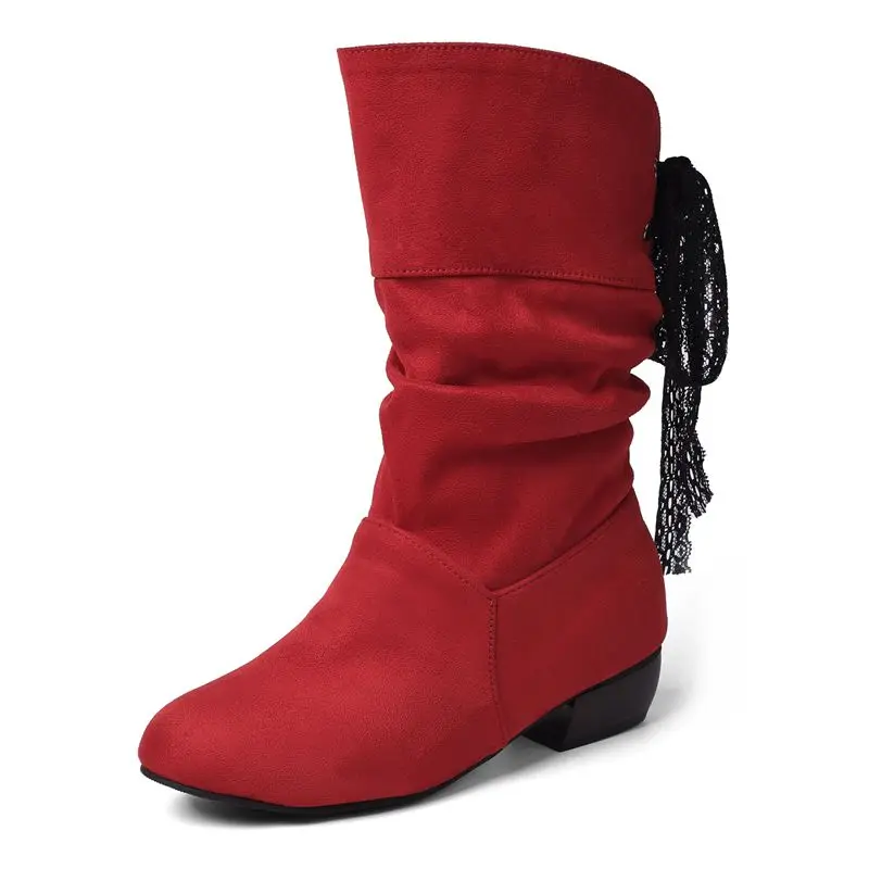 REAVE CAT élégant daim femmes mi-mollet bottes bout rond à lacets plissé 3.5 cm talon épais grande taille 45 46 47 rencontres Botas automne