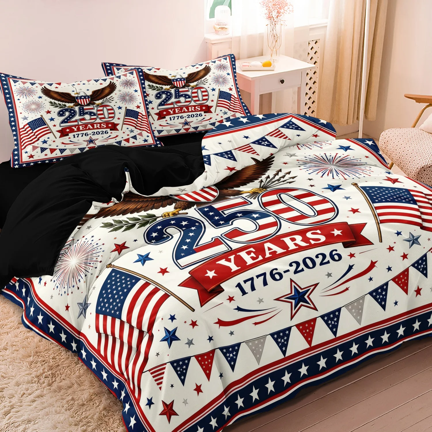 3 Pieces 250th Patriotic Eagle Duvet Cover Set, White Base US Flag Star Pennant Firework 1776-2026 Printed Bedding