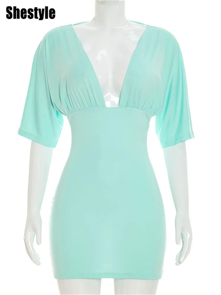Shestyle Blue V Neck Short Sleeve Dresses Women Sheath Stretchy High Waist Backless Sexy Cleavage 2026 New Stylish Trendy - view 6