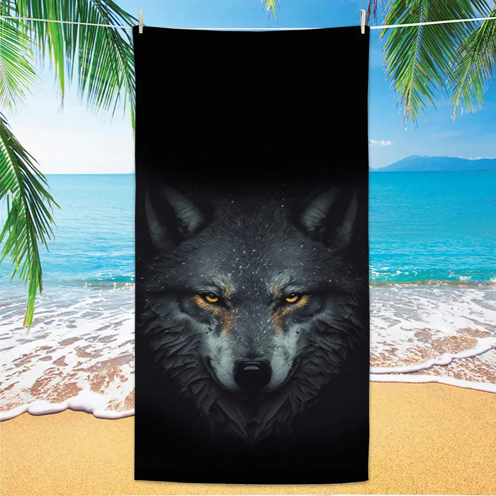 

Black Wolf Portrait Beach Towel, Fierce Wolf Face Print Towel for Men Boys, Ideal for Summer Beach Pool Travel