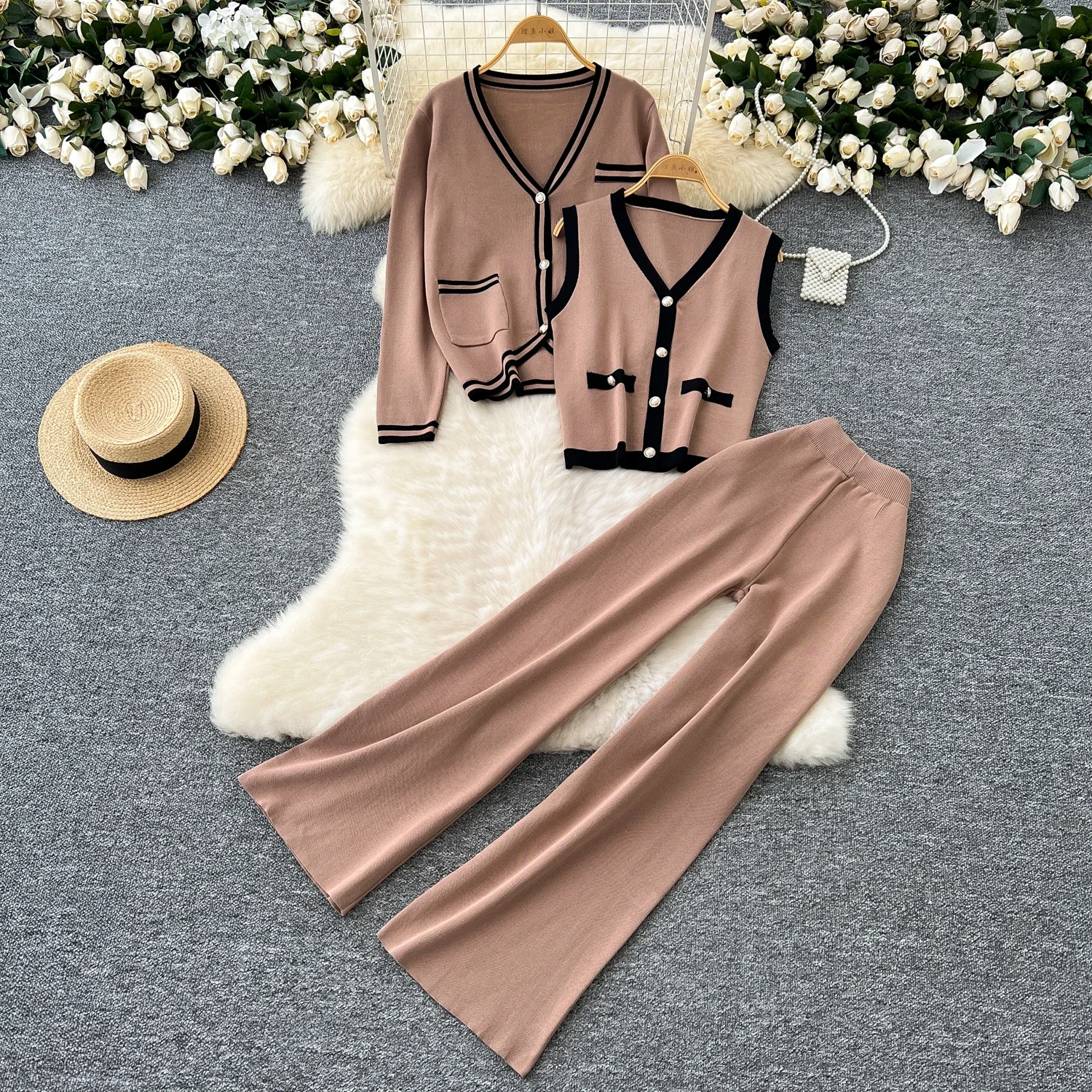 Chic Three-piece Sets Sweet V-neck Patchwork Vest Long Sleeve Knit Coat Basics Wide Leg Pants High Street Women Winter Clothing