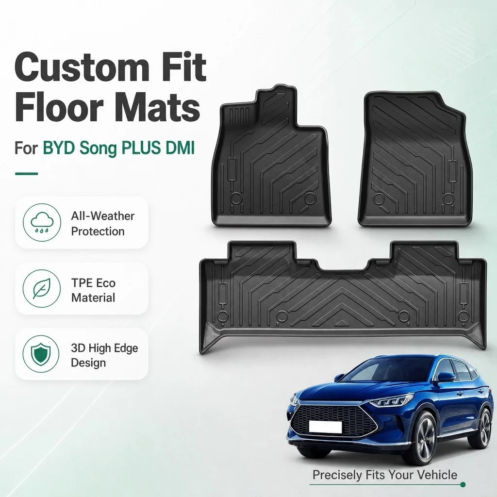 Tappetini per Auto in TPE Resistenti a Tutte le Condizioni Atmosferiche, su Misura per Byd Song Plus Dm‑I 2024‑2026, Set da 3 Pezzi, Antiscivolo, Impermeabili, Rivestimenti per Pavimento Auto