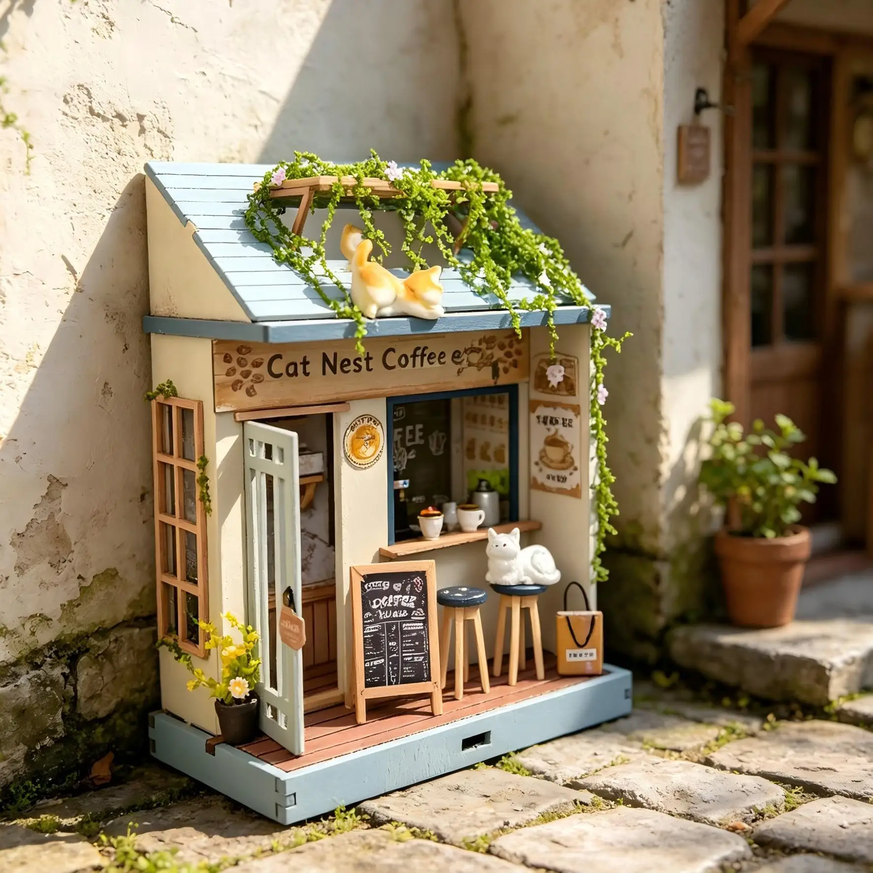 DIY 3D Wooden Cat Coffee House Cottage Jigsaw Puzzles Miniature Model Kits with Lights for Friends Girls Birthday Gifts