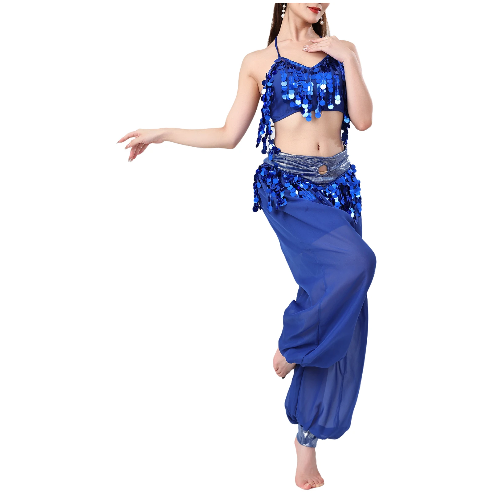 

Women Chiffon Belly Dancewear Sequin Tassel Costume Belly Outfits Lace-up Crop Top and Lantern Pants Set for Stage Training
