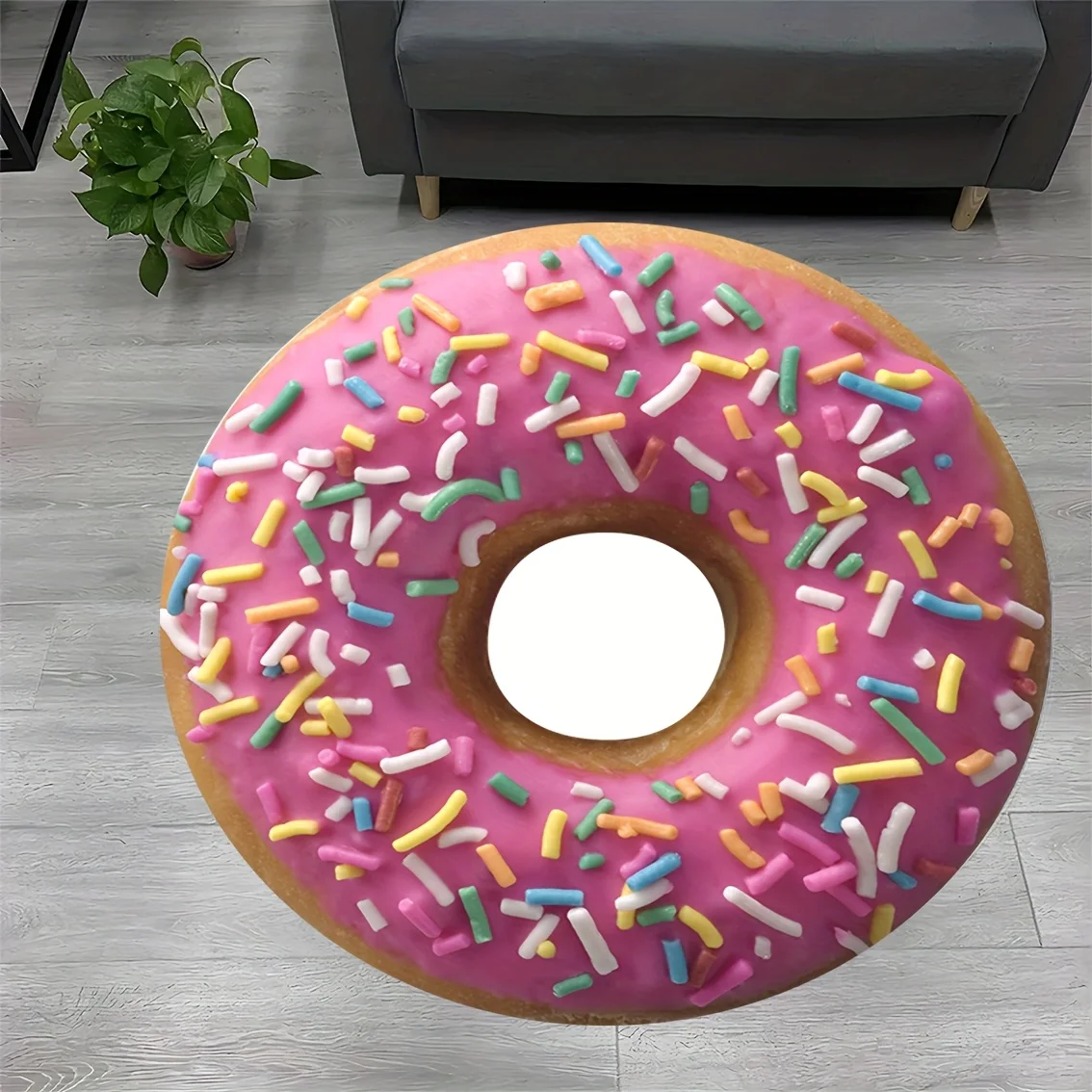 Donut Shaped Round Rug Flannel Pink Sprinkles Design Floor Mat for Kids Playroom Kitchen Decor Fun Sweet Home Accessory